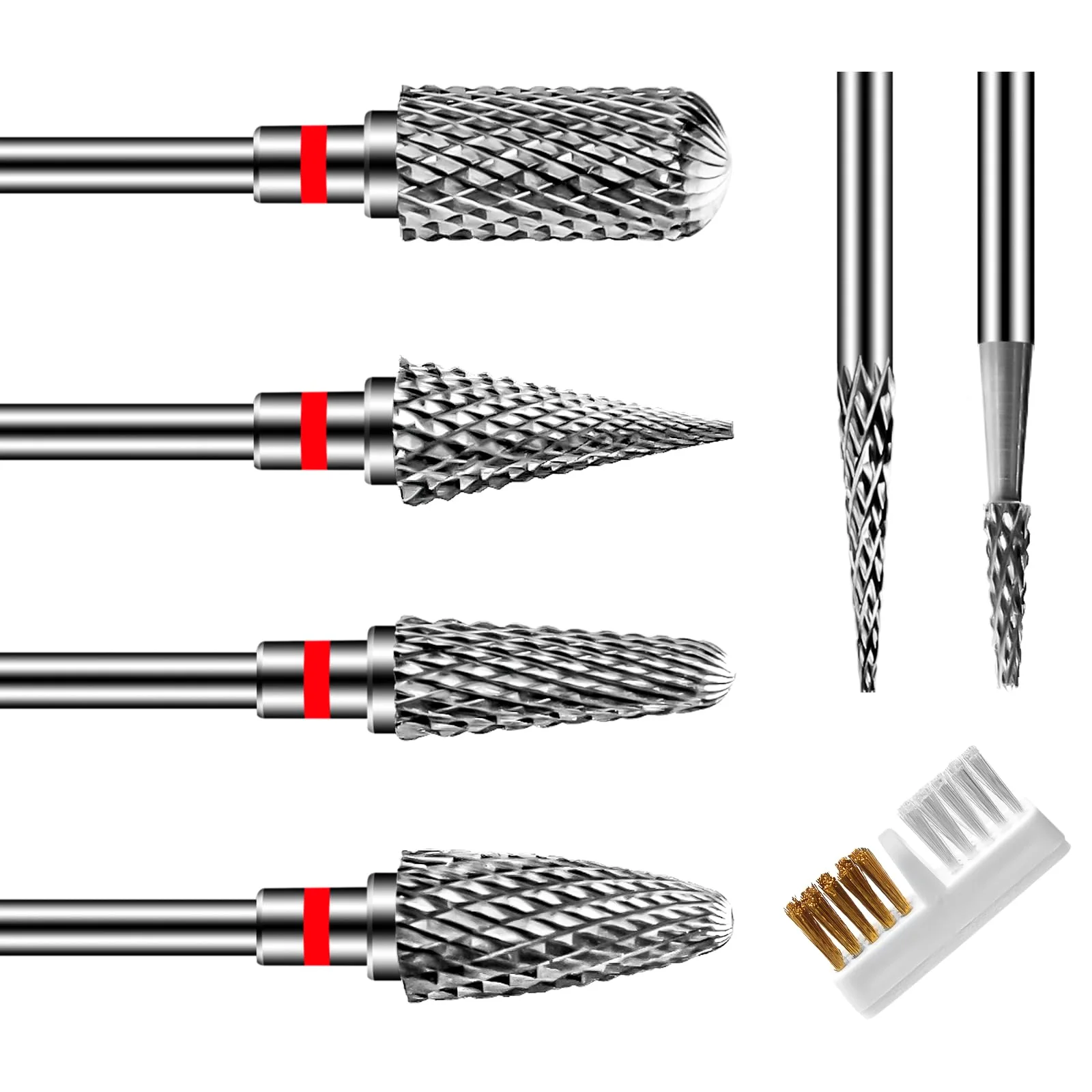 Six CGBE fine-grit carbide nail drill bits, each in a clear case, with a cleaning brush