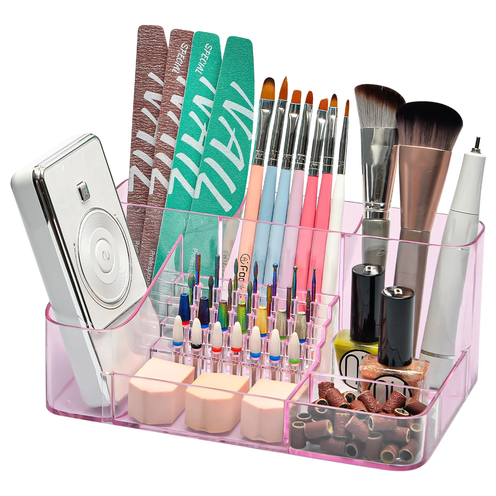 Pink CGBE 28-hole acrylic drill bit holder with stepped rows and compartments